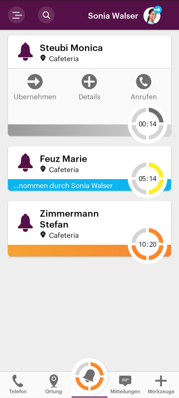 Screenshot einer App, illustriert die Funktion des Bewohnerrufs