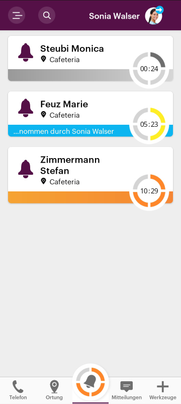 Screenshot einer App, illustriert die Funktion des Bewohnerrufs