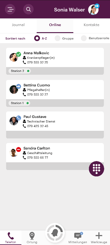 Screenshot einer App, illustriert das interne Telefonbuch