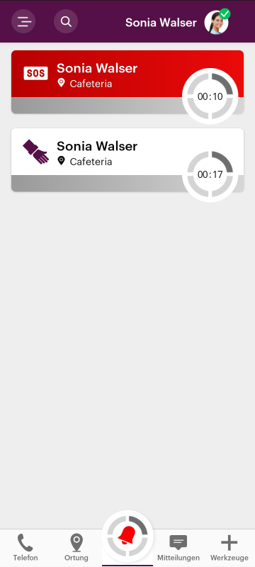 Screenshot einer App, illustriert die Funktionen des Assistenzrufs