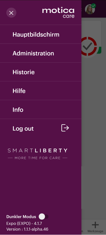 Screenshot einer App, illustriert das Hauptmenu