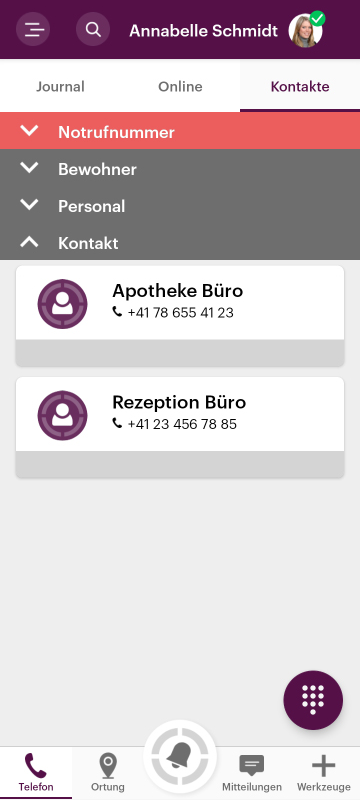 Screenshot einer App, illustriert die Kontakte