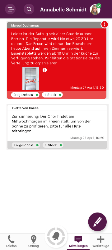 Screenshot einer App, illustriert die Mitteilungsfunktion