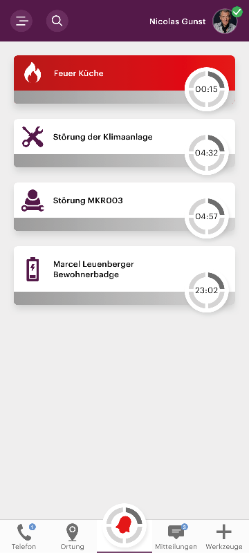 Screenshot einer App, illustriert die technischen Alarme