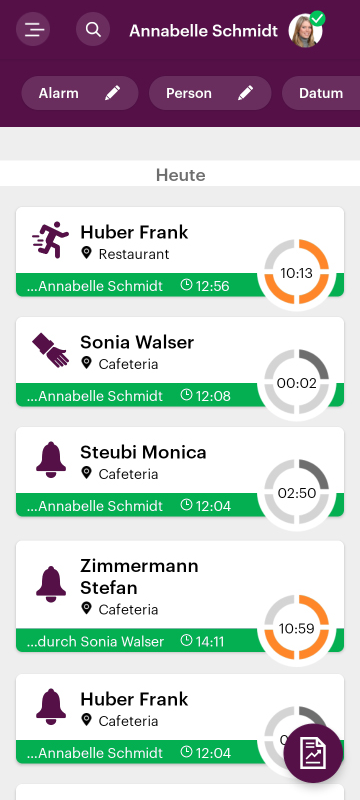 Screenshot einer App, illustriert die Historie der Alarme