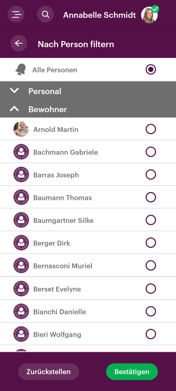 Screenshot einer App, illustriert die Filterfunktion der Historie