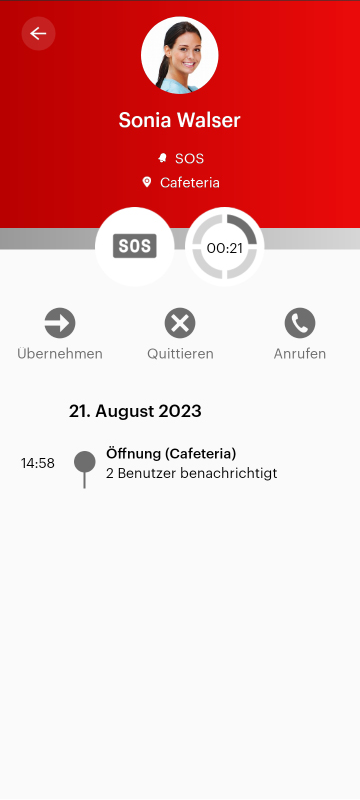 Screenshot einer App mit Details zu einem SOS-Alarm