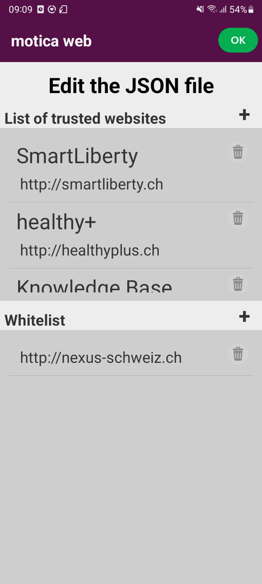 Screenshot einer App, illustriert die Bearbeitung von URLs