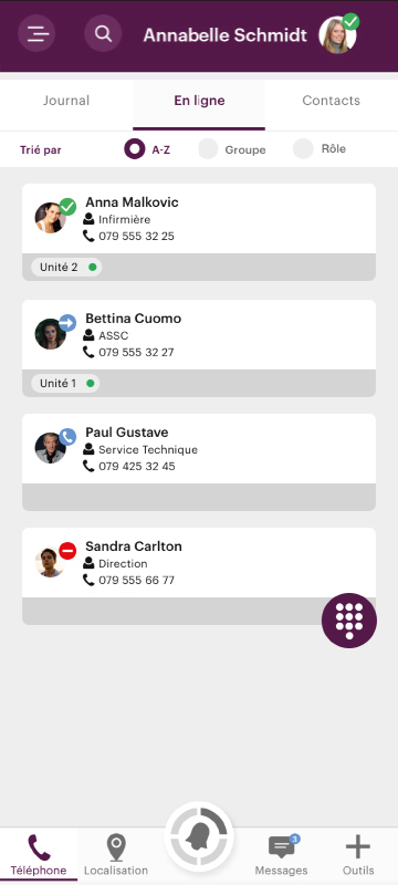 Capture d'écran d'une application, illustrant le répertoire téléphonique interne