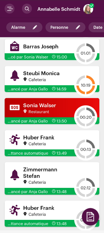 Capture d'écran d'une application, illustre l'historique des alarmes
