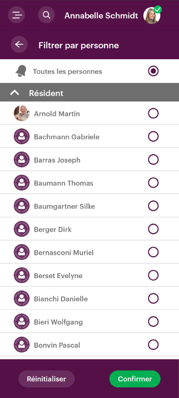 Capture d'écran d'une application, illustrant la fonction de filtre de l'historique