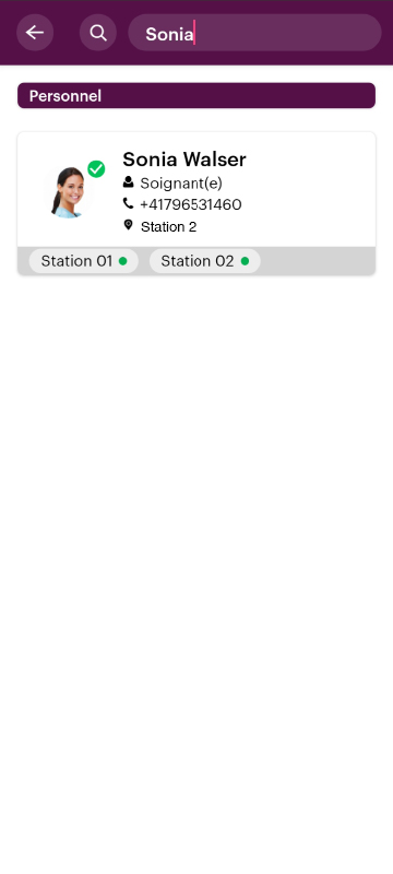 Capture d'écran d'une application, illustrant la fonction de localisation du personnel
