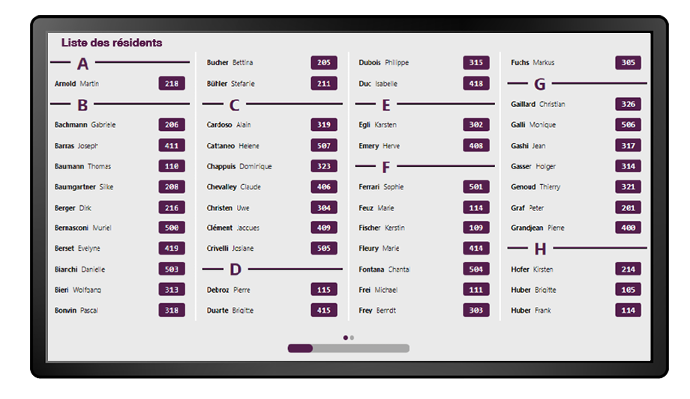 Écran avec liste des résidents